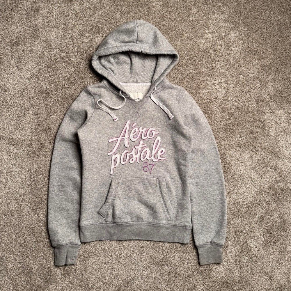 HEATHER GREY AEROPOSTALE PATCHWORK CUT NECK PULLOVER HOODIE